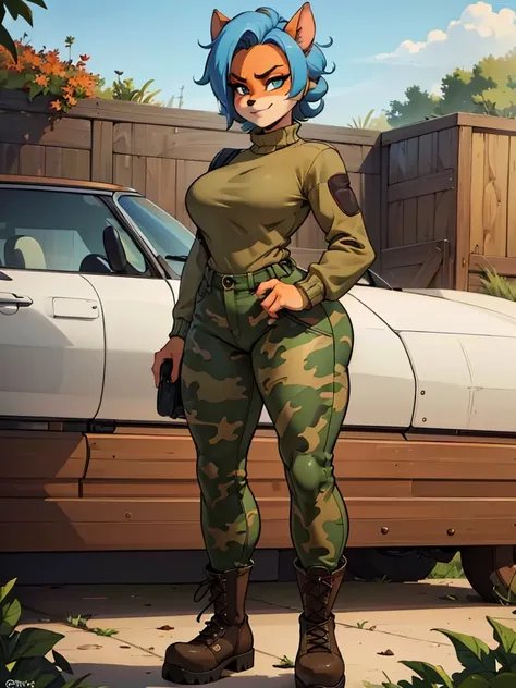 (best quality,4k,8k,highres,masterpiece:1.2),ultra-detailed,realistic:1.37,portrait, anthro bandicoot short bluehair,  anime face, beautiful green eyes, seductive, warm black sweater, camouflage pants, army boots, smirking, Anthro Girl , sweater, camouflag...