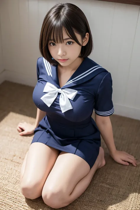 (( sailor suit 、 top quality 、masterpiece、 high res))、((( ZOOM PHOTO FROM ABOVE )))、20-year-old woman、 Beautiful skin、 beautiful eyes、 clevis on a stone、(( brunette bob hair )), ((  full body photo )),  beautiful thighs,, Big TitsBig Breasts, ( Big Rich Br...