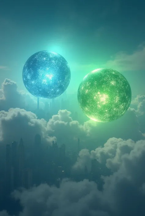 Green and Blue Orbs above the clouds above city skyline realistic close up 