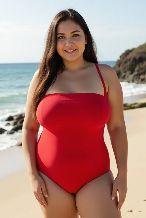 full body photography of chubby 23 year old girl , wearing red one picer swimsuit , long hair hanging front, at beach , chubby face, double chin, smiling, looking into camera , spectacular lighting, gorgeous, photoshoot, Asian, big blue eyes, tannend skin,...