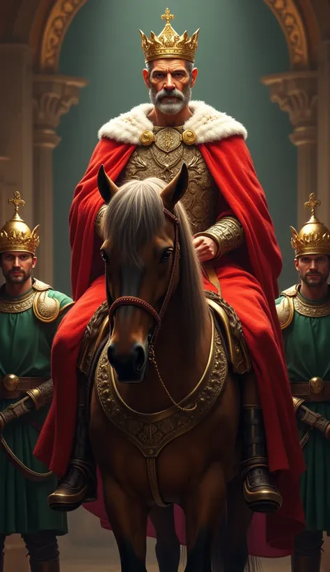 A 45-year-old man with a short beard and mustache, dressed in red, sits on a horse and wears a golden crown, and two male servants in green armor and helmets stand on either side of the horse, bowing to the king.