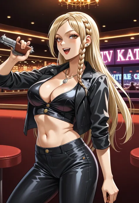 score_9, score_8_up, source_anime, 1girl, solo, KataharaSayaka, long hair, single side braid, white skinned female, bedroom eyes, ear piercing, long hair, blush, lipstick,Hot girl, baddie, smoking, sensual, attractive ,bar
background, inside bar,indoors, c...