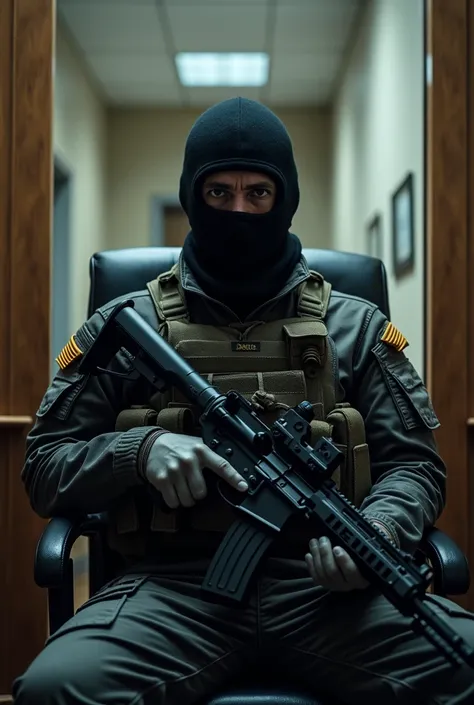 A soldier is sitting in an office carrying a gun and wearing a black mask 