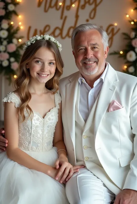   girl wearing wedding dress ,  sitting next to 40 year old man wearing white coat,  wedding decoration background , written "happy wedding "