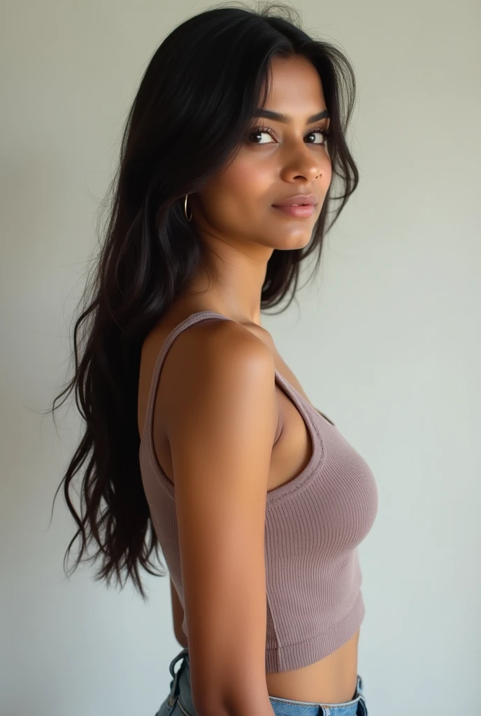 Generate a highly realistic image of a 25-year-old Indian woman with a fair complexion, captured from a side angle. She is wearing a stylish top and jeans. Her skin should show natural textures, including small pores and 1-2 acne marks, for authenticity. T...