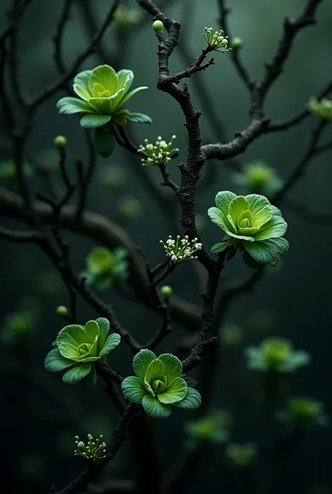 A mystical picture which  personifies nature, image is intertwined with dark, intricate branches, on which delicate lettuce leaves and tiny white flowers appear in places. The color palette consists of dark green and black shades with rare accents of light...