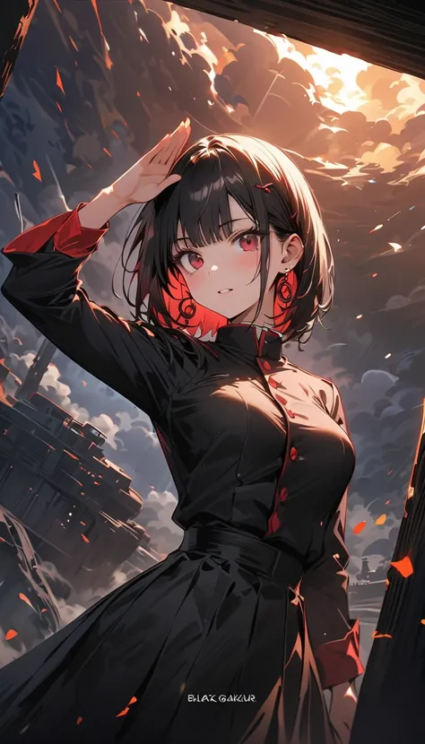 ( beautiful girl : 1.3), 1 girl,(Black Gakuran , skirt, earrings for women with first name,), black hair, straight bob cut , No Emotion,salute,stand,military base,masterpiece, top quality , super high res, rich contrast, high image quality,8k, High Definit...