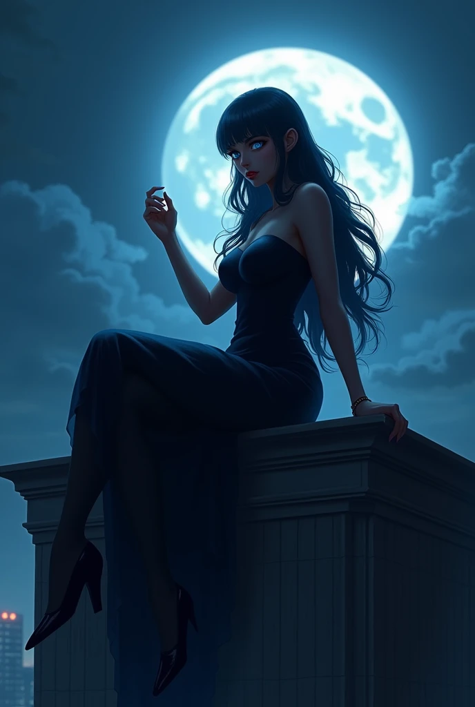 Fais une illustration d’une silhouette réaliste de moi (cheveux ultra long noir bleuté, yeux bleu, très grosse poitrine) assise élégamment sur un bâtiment en contreplongée avec la lumière de la lune derrière une main levée 