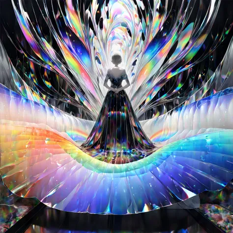 A huge and beautiful rainbow ,  seamless color transition ,  the final point of the gradient is colorless and transparent ,Iris Effect,  Delicate Dynamic Textures , The Living Glass Maiden、 Light and Dark Contrast , 2.5D,  conceptual installation art,  art...