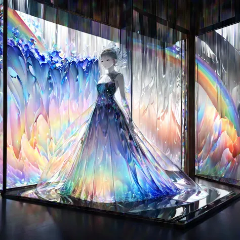 A huge and beautiful rainbow ,  seamless color transition ,  the final point of the gradient is colorless and transparent ,Iris Effect,  Delicate Dynamic Textures , The Living Glass Maiden、 Light and Dark Contrast , 2.5D,  conceptual installation art,  art...