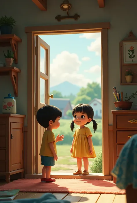 a small  girl sitting inside her house talking to a  boy sitting outside the door