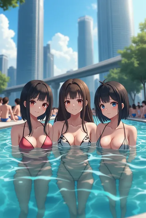 (masterpiece:1.4), (best quality:1.4), 3 girls, group photo, Japanese, cute face, detailed face, nude, nipples, megalopolis, futuristic building, Tokyo, (crowd), passengers, outside, bathing in pond, pov, relax, happy