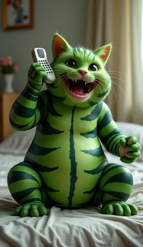 The green muscular cat with black stripes resembling a watermelon is sitting on the bed, talking on the phone with a surprised expression and its mouth open. In the background, a bedroom is visible.