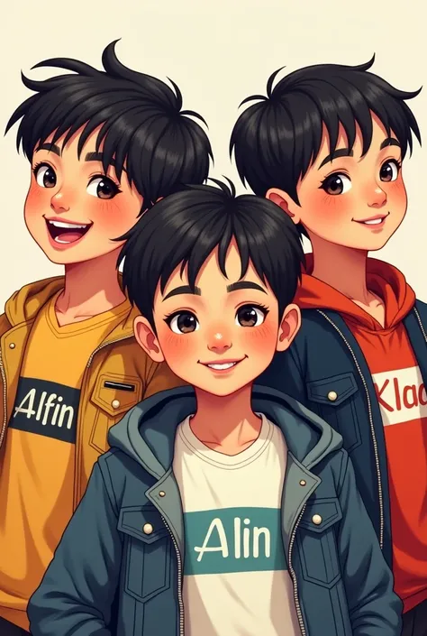 Make 3 Asian young boys with name in cloth "Alfin , Alan, Ipang"