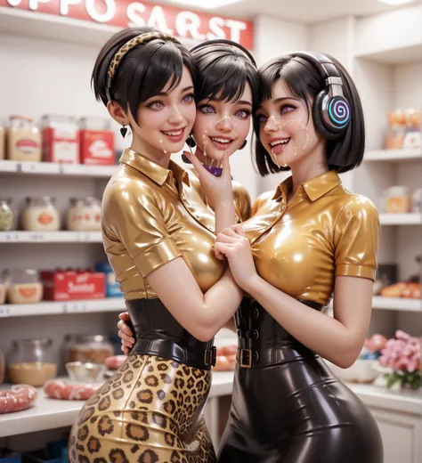  Mother and daughter in extremely tight shiny golden latex polo shirt with long tight skirt, corset, Pot-cut Black hair , saliva, salivafluss, Spiral eyes, salivaspur, Lens reflection,  reflecting light ,  high resolution ,  masterpiece,  are in the shop, ...