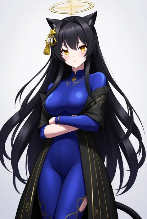 kaguya, (blue archive), 1girl, breasts, dress, solo, hair ornament, black hair, blush, crossed arms, shirt, sideboob, hair bun, purple hair, yellow eyes, tail, china dress, chinese clothes, multicolored hair, huge breasts, animal ears, black dress, +blue s...