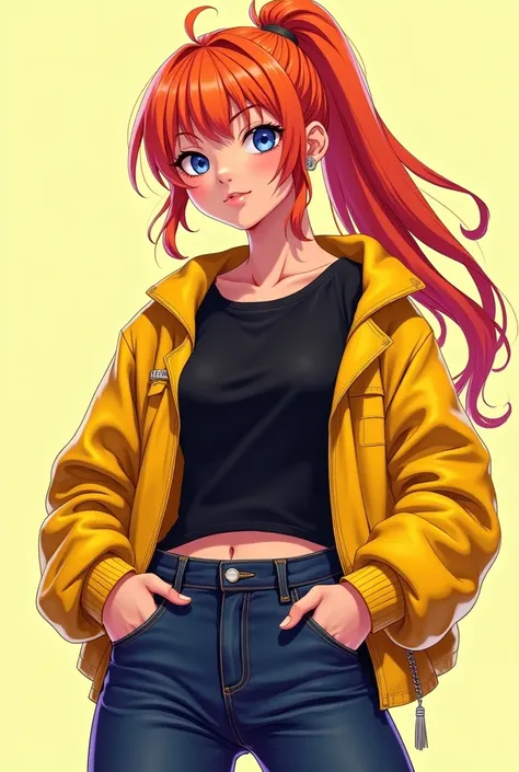 Create an image in the style of the Arcane series animations of a girl with tied orange hair, a yellow jacket over a black t-shirt, and she is wearing dark blue jeans.