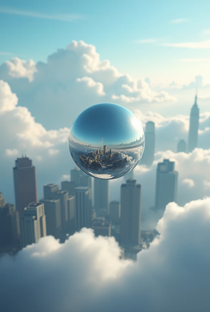 Small chrome Orb above the clouds above city skyline realistic close up 