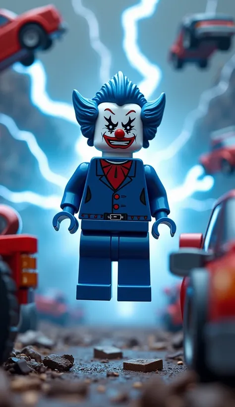 Lego magneto merged with lego clown, floating mid air, blue suit, in a scrapyard, bent cars floating around, blue lightenings, strong magnetic field, lego.