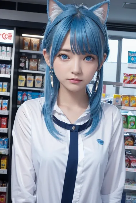  One girl ,  high res,  blue eyes, Blue Hair/ light blue hair, Cat ears,  earrings for women with first name, I work at a convenience store