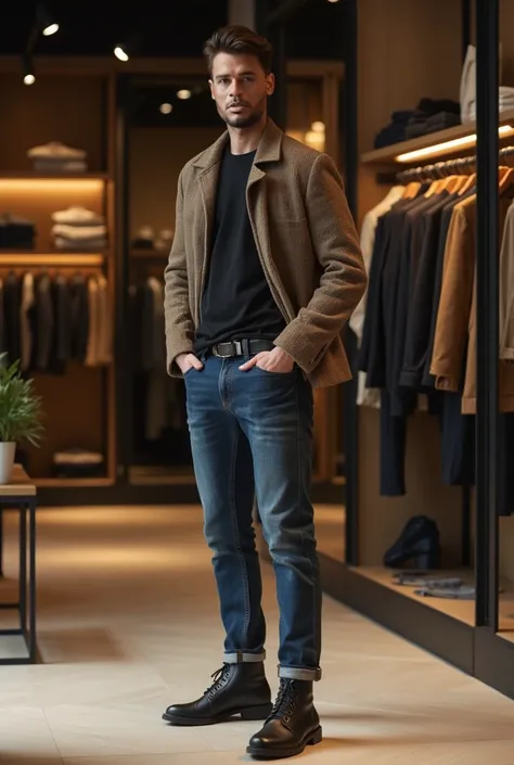 ,  store combined with modern jeans and latest-edition black boots . Hes posing inside a modern and minimalist ,  with sophisticated lighting and elegant ambiance that highlights the clothes hes wearing