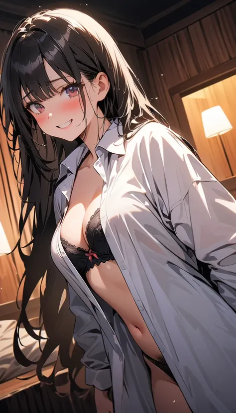 ( beautiful girl : 1.3), 1 girl,(oversized white long sleeve dress shirt, bra,underwear,pubic hair), black hair, long hair,smile,Embarrassed,blush,sweat, wet , Dynamic Angle ,night,room,masterpiece, top quality , super high res, rich contrast, high image q...