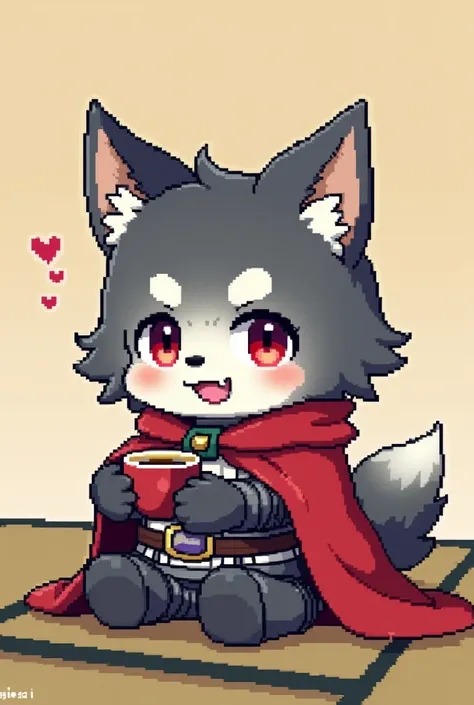 Scribble wolf face, ((cute)), anthro(wolf), (gray-black fur:1.5), white beard, (knight costume, long red cherry cloak), smile, looking at viewer, open mouth, happy, printmaking style, by takemoto arashi, by kamyuel, by milkytiger1145, by 96panda, ((holding...