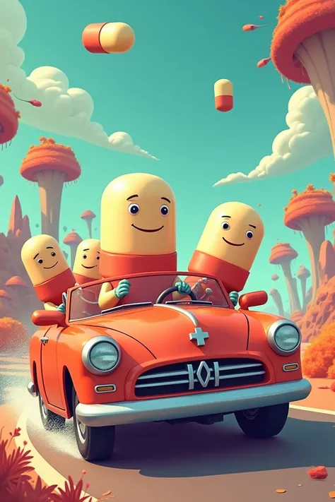 Acetaminophen pills driving a car, animated characters