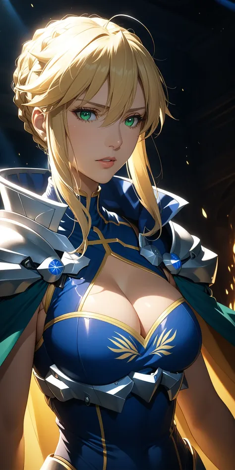 anime art, very aesthetic, masterpiece, high quality, 1girl, mature female, blonde hair, braid, green eyes, Artoria pendragon (lancer) (fate), sleeveless blue leotard, cutout cleavage, curvaceous, cape, upper body, cinematic lighting, stunning visual cg, d...