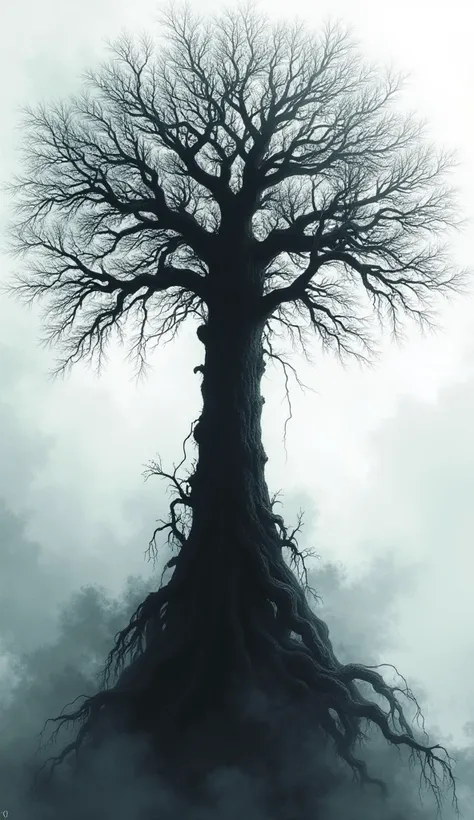 A towering tree with intricate black branches spreading across a white sky filled with swirling patterns. The roots dive deep into an abstract abyss, symbolizing the enduring power of life.
