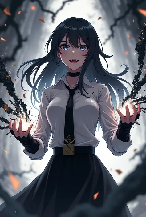 Anime woman. Tall with long hair. With black and white energy on fists. She have black white clothes and black tie. She show her tongue and ready to attack. Around her flying black and white sparkles
