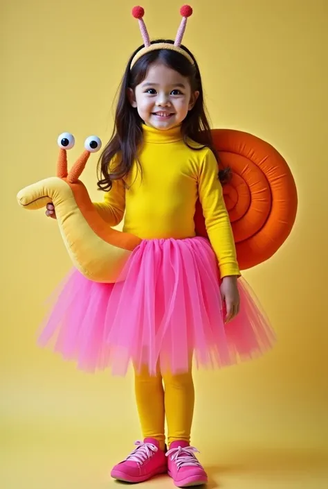 A beautiful full-bodied girl with a tutu attached to her body with bright yellow and fuchsia colors combined with a turtleneck tied hair with a snail antenna headband ,  long sleeves ,  with a large orange snail shell on her back and a snail makeup to disg...