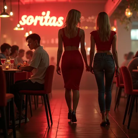  quality:
(((masterpiece, high quality 16K, 32K))), (8k, HD,  ultra-hyperrealistic : 1.3).

Scene:
 3 people strolling through a womens club. we can see advertising sign with the inscription ‘soritas’, warm shades of red and gold.  a girl and her brother f...