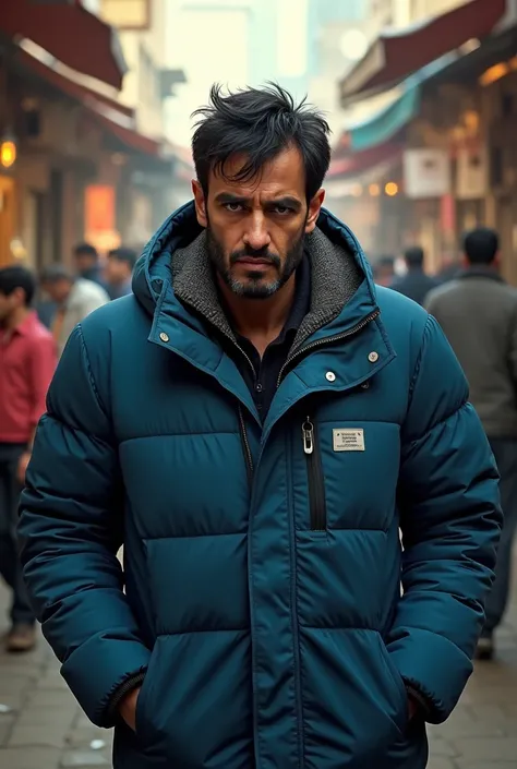 arab man in blue winter jacket, angry, market, black hair, ultra realistic