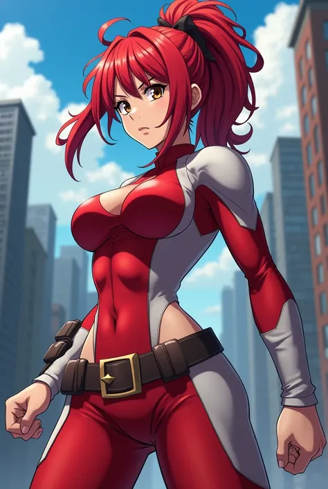  My Hero Academia style ,   anime girl , woman, young woman ,  full body shot ,( Fighting Stance :1.3),Long Hair, Red Hair,   Brown Eyes , hero suit, Full Body Suit,  red suit with white details, perfect anatomy,  enhanced abs , super detailed,(building:1....