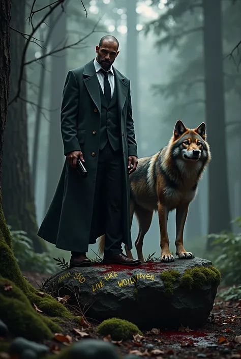  A picture of a gangster with a wolf in the forest standing on a rock with a nest like a wolf and blood written on it. On the picture, I write live like wolves in yellow