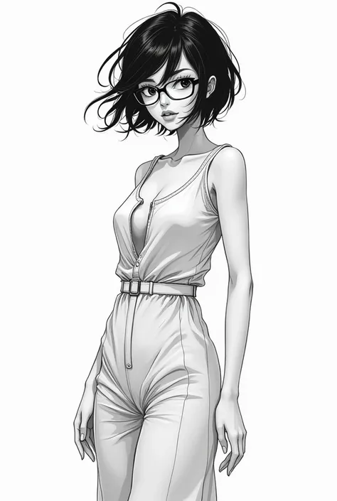 A monochrome manga-style illustration, an elegant, fragile, tomboyish teenager-like woman with tiny baby breasts without a bra, a slender and graceful figure, narrow hips and a small pelvis, stylish glasses framing expressive deep dark eyes, thoughtfully d...