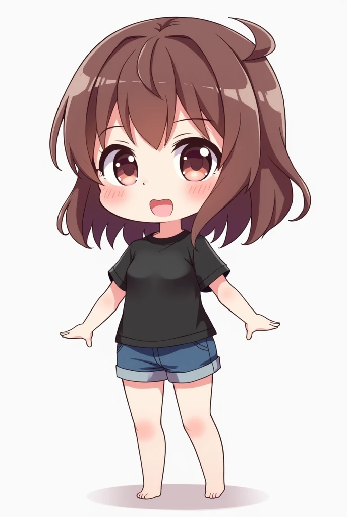 a cartoon girl with a black shirt and blue shorts, an anime drawing by Puru, tumblr, mingei, chibi, chibi anime girl, chibi style, anime chibi, chibi girl, full body adoptable, anime moe artstyle, anime girl named lucy, in an anime style, anime vtuber full...