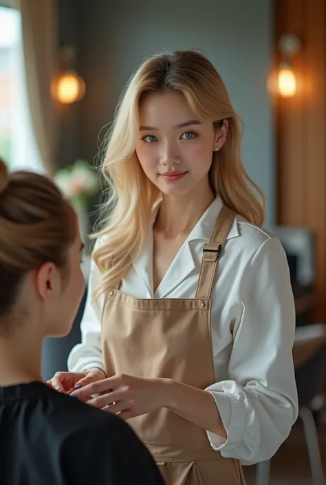 Korean 24 year old blonde blue eyes rosy mouth at work as a hairdresser wearing work clothes at the beauty salon 1.67 beautiful 4k poses doing hair on clients