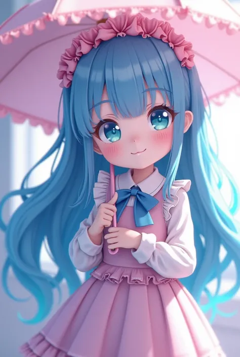 ( artwork), ( great work), (indirect lighting), (Chibi-cute studios), (Beautiful anime GIF), (cute  cute cute), ( Extremely Detailed 8K CG Unit Wallpaper ), ( 1 girl)  long blue hair and a cute ruffle tiara {x} wearing nice Lolita fashion,  holding a ruffl...