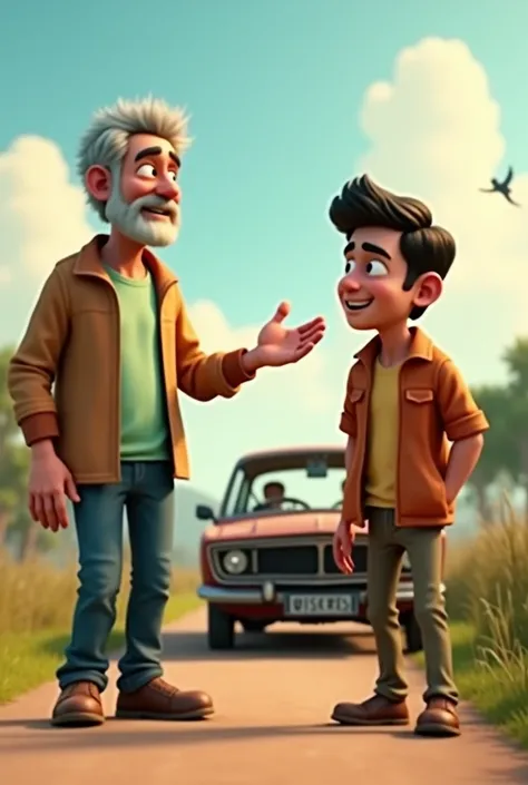 "A 3D animated scene showing a stranger walking up to Rahul and Mohit. The stranger is a middle-aged man in casual clothes, gesturing towards the car with a curious expression. Rahul looks hopeful, while Mohit is grinning confidently. The setting is still ...