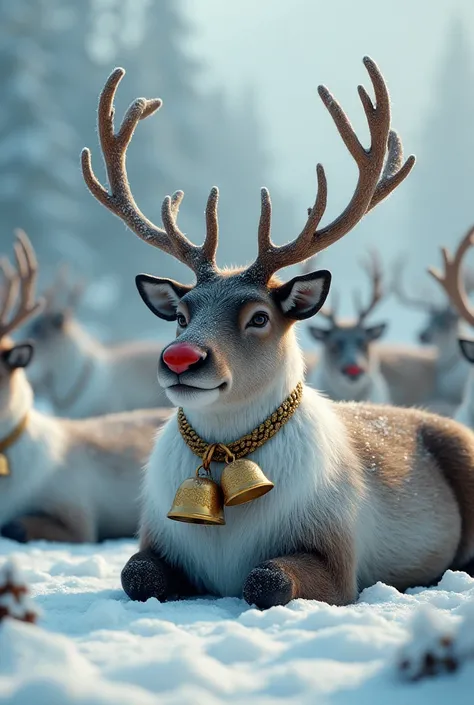  Hyperreal、photograph、Reindeer resting on snow 、Reindeer herd、 Red-nosed reindeer looks into the distance、2 large golden bells on the reindeers neck