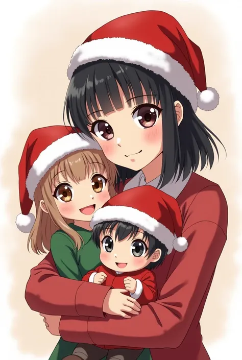 I want an anime cartoon image: the girl is , thin, her complexion color caliphate and her eyes are black,  her black hair short to the shoulders , with a Christmas hat and a  light-skinned girl ,  long light brown hair , big light brown eyes with Christmas...