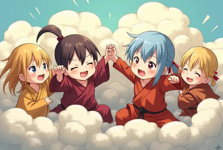 An anime-style art depicting many monk-girls playfully wrestling with each other inside a  comical fight cloud.
each monk-girl has different  colored hair.
their faces,hands,and feet are visible emerging from the cloud as they tussle humorously,  with the ...