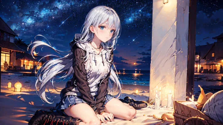 ((beach at night with beautiful stars:1.3)), ((Wariza on the beach:1.3)), ((looking away, look up at the starry sky:1.5)), BREAK, ((18-years old)), (silver long hair:1.5), reflective hair, ((focus face)), (natural skin:1.3), (natural looking makeup:1.5), (...