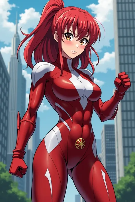  My Hero Academia style ,   anime girl , woman, young woman ,  full body shot ,( Fighting Stance :1.3),Long Hair, Red Hair,   Brown Eyes , hero suit, Full Body Suit,  red suit with white details, perfect anatomy,  enhanced abs , super detailed,(building:1....