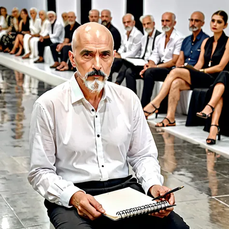 (UHD), man in a shirt (white), black cloth pants, sparse long face, goatee, designer, (black notebook) in hand, long face, deep lying gray eyes, in a hall where a fashion show is taking place, hawkish look, long nose, gray hair, 50 years, half bald, hair w...