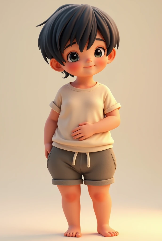  is a  boy who is cute and soft with black hair..His hips are a little fat and his butt is a little long and you want tight clothes and short pants that show his thighs