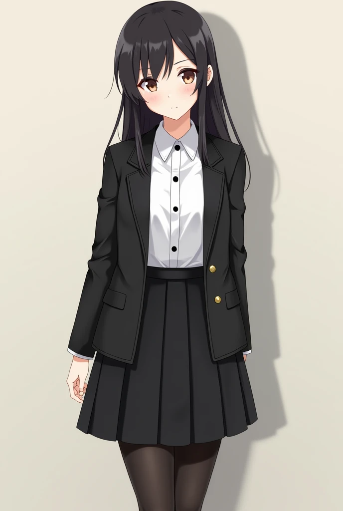 Japanese schoolgirl in stockings , black straight skirt,  white shirt with black buttons and jacket 