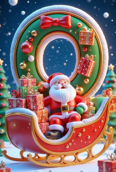 Red picture，There is Santa Claus in the middle，Santa Claus is sitting on a sleigh full of gifts，Behind Santa Claus is a bell wreath，And the pine trees